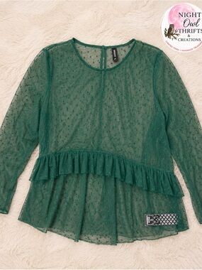 Sheer Forest Green Polka Dot Ruffle Blouse